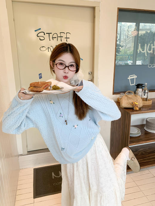 【169元任选2件】现货！蓝色绣花麻花毛衣 商品图12