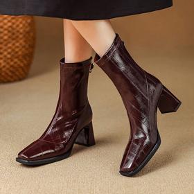 【预售5天】新款弹力瘦瘦靴粗跟方头女靴短靴高跟马丁靴秋冬靴子XME&898-809