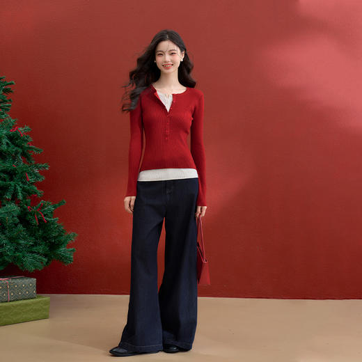 西遇安可拉红撞色假两件针织T恤女冬季新款修身显瘦内搭上衣V3955350 商品图1