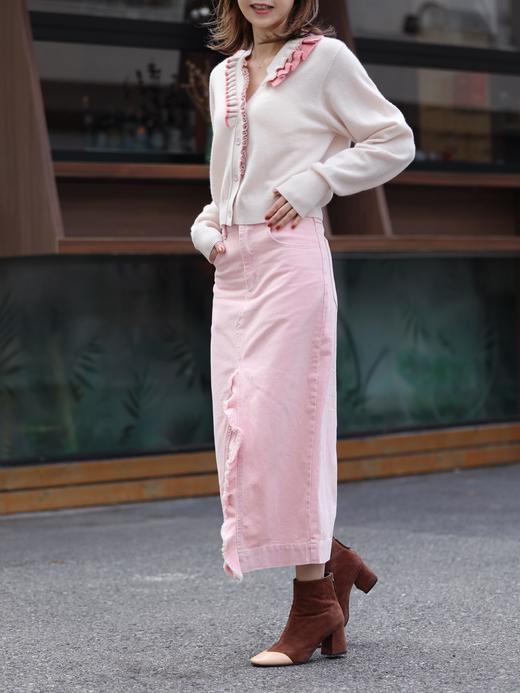 TYNVIE 撞色荷叶边装饰羊绒开衫- 白色 商品图7