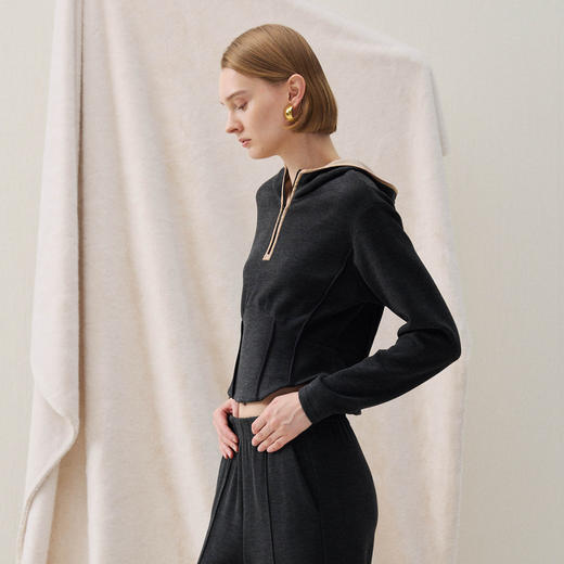 谜底连帽短款卫衣长袖2025冬季新品柔软保暖时髦修身女254MV1694 商品图1