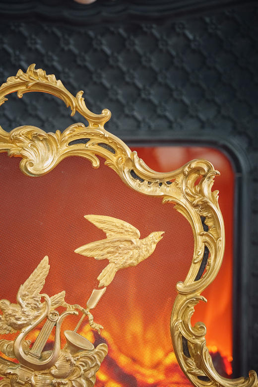 独角鹿西洋古董19世纪法国出品路易十五风格铜鎏金雕饰飞鸟乐器主题壁炉屏风 商品图4