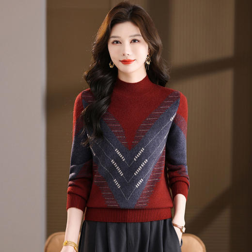 AQL26755时尚V字烫钻半高领毛衣女宽松毛衣羊毛衫秋冬新款大码厚打底衫 商品图3