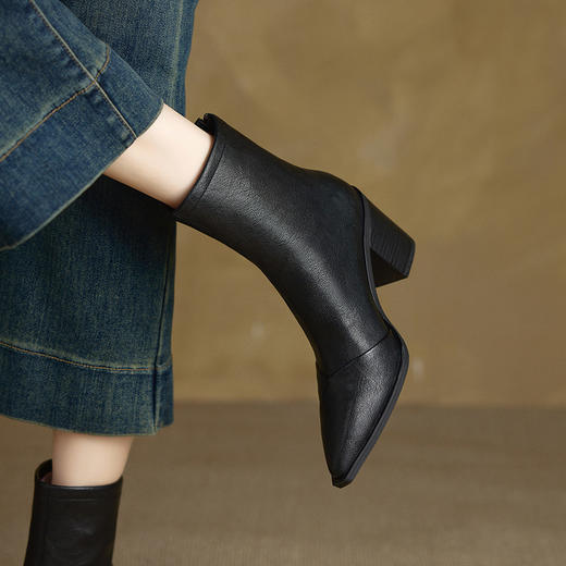 【预售5天】复古气质尖头粗跟短靴女后拉链高跟切尔西靴显瘦真皮裸靴YS&A1906 商品图4