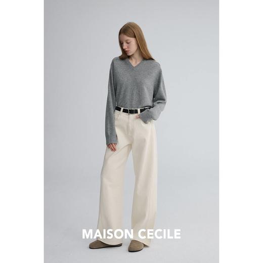 MAISON CECILE 全棉肌理感白色极简通勤分割立体松弛牛仔阔腿裤 商品图1