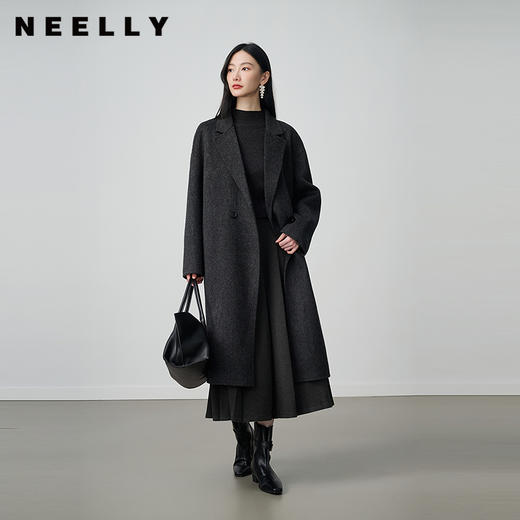 NEELLY纳俪商场同款冬新款复古翻领毛呢大衣女中长款休闲随性外套N25104N03310 商品图0