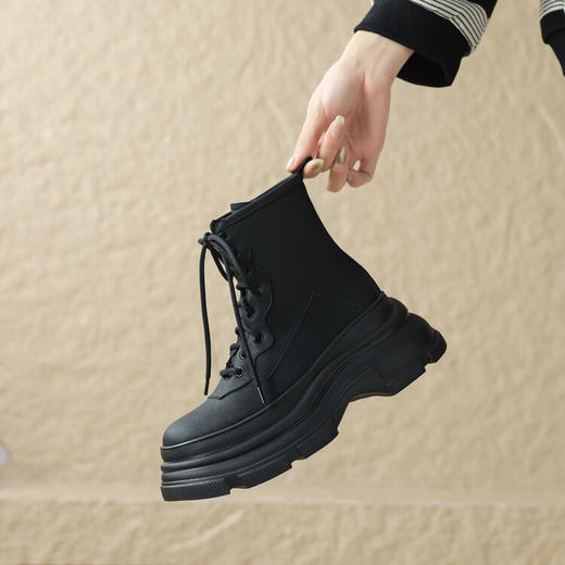 【预售5天】秋冬新款真皮厚底圆头复古系带马丁靴女休闲坡跟松糕底卡其色短靴TYMXY&1729 商品图3