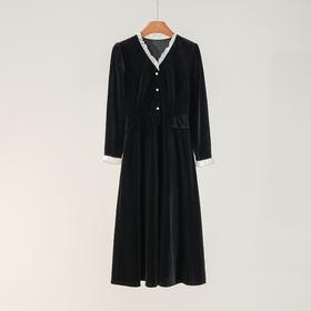 西子/流星雨丝绒优雅贵气V领拼木耳边显瘦连衣裙/CQYF0257