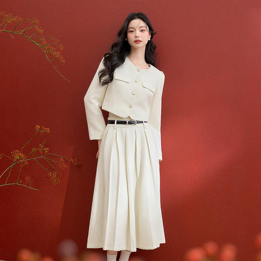 西遇千金小香风套装女冬季新款单排扣短外套高腰百褶裙两件套V3755286 商品图4