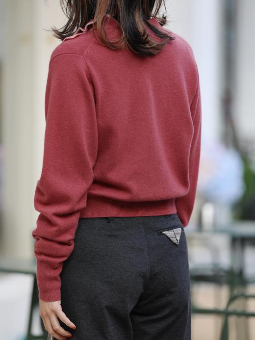 TYNVIE 撞色荷叶边装饰羊绒开衫- 砖红色 商品图10