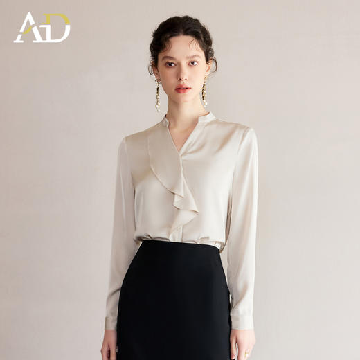 AD气质绝美小衫女2025夏季新款香槟色荷叶边V领衬衣时尚百搭上衣 商品图0