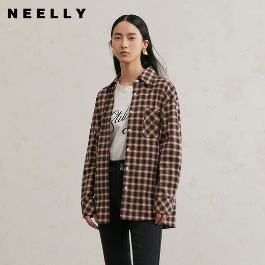 NEELLY纳俪商场同款冬季新款通勤简约翻领格纹衬衫女百搭宽松衬衣N25114B04525 商品图0