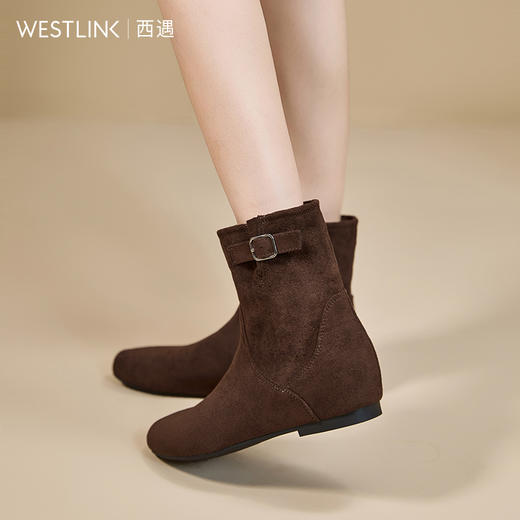 西遇平底短靴女新款秋冬复古绒面皮带扣马丁靴黑色圆头瘦瘦靴V2157196 商品图3