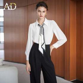 AD新款女装2025秋季设计感小众洋气飘带长袖雪纺衬衫上衣翻领百搭