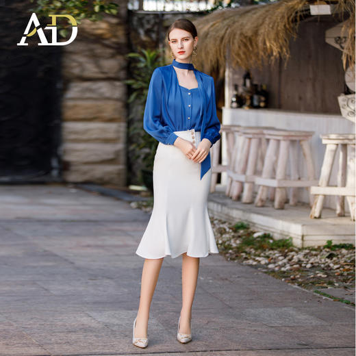 AD气质宝蓝色衬衫女高级设计感系带圆领长袖上衣ol通勤衬衣职业装 商品图3