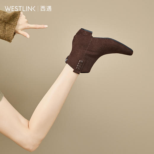 西遇方头短靴女新款秋冬法式绒面V口低跟切尔西靴黑色瘦瘦靴V2157197 商品图2