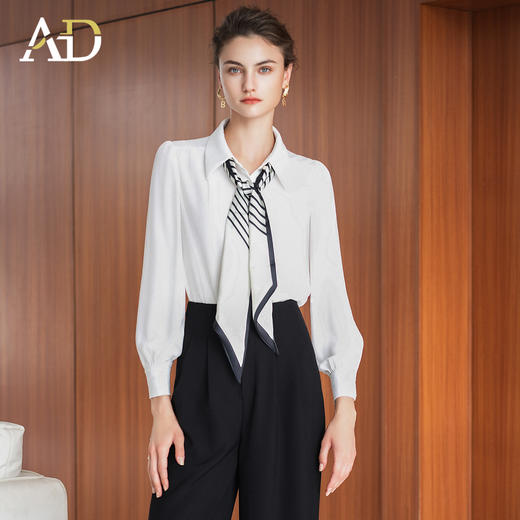 AD新款女装2025秋季设计感小众洋气飘带长袖雪纺衬衫上衣翻领百搭 商品图1