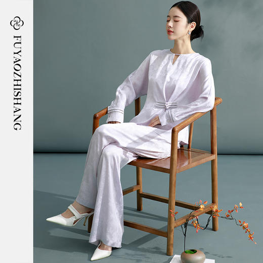 FUYAO扶摇 鎏金盘扣衬衫女新中式提花打缆套装文艺禅意风气质衬衣 商品图0