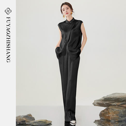 FUYAO扶摇 新中式国风套装女夏季薄款立领衬衫黑色时尚减龄两件套 商品图0