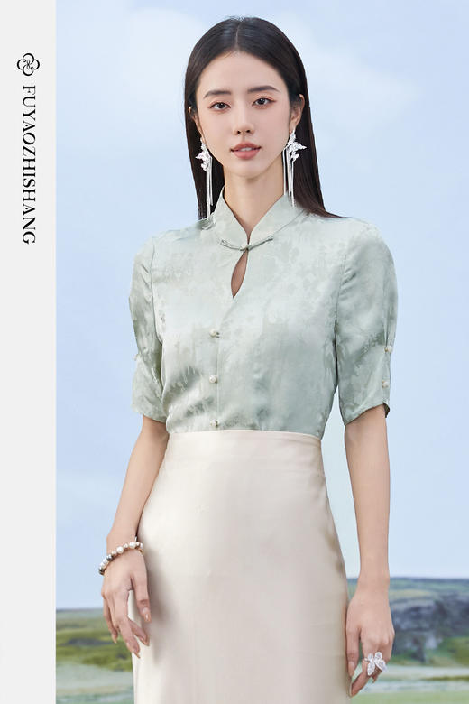 FUYAO扶摇 国风女装2025新款衬衫气质提花绝美上衣新中式半袖小衫 商品图5