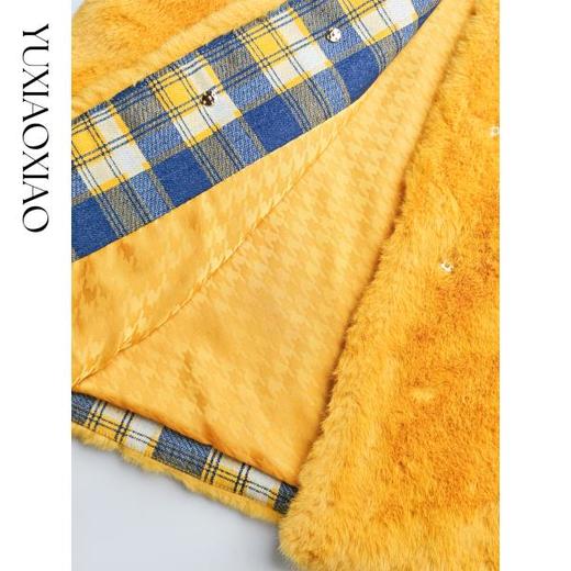 余潇潇【帕丁顿庄园】复古拼接格纹翻领提花里布中长款毛毛外套 商品图2