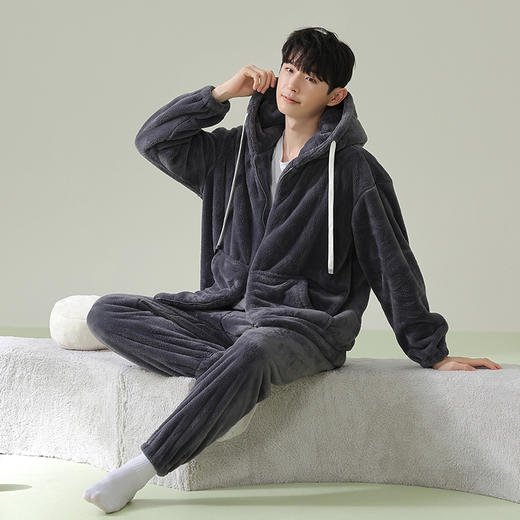 【软绵绵贵妃绒】自然醒「慵懒时光」男士纯色睡衣冬季珊瑚绒韩版连帽秋冬季可外穿家居服JLM 商品图3