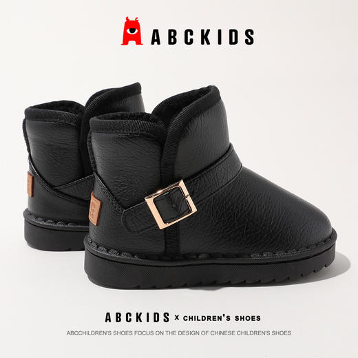 ABC儿童雪地靴皮面加绒加厚男女童棉鞋黑色基础款一脚蹬26-37 商品图1