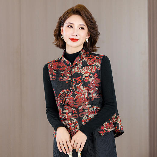 2025秋冬新款新中年妈妈中式国风加厚马夹立领提花夹棉马甲 商品图1