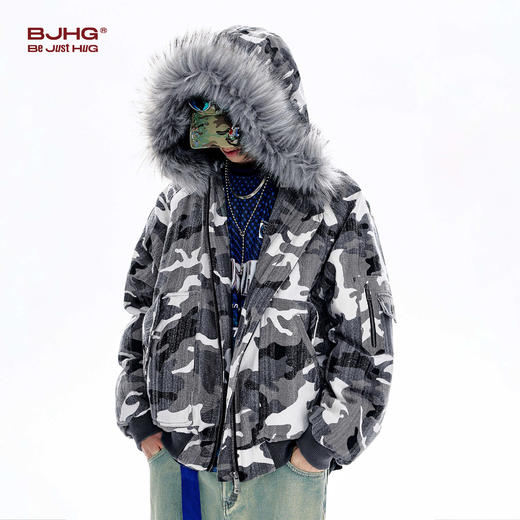 BJHG不计后果美式棉服男款冬季保暖防寒服做旧迷彩毛领夹克外套女 商品图2