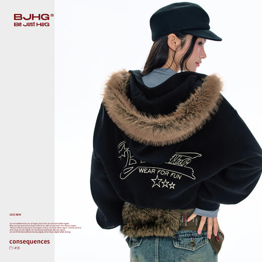 BJHG不计后果短款连帽卫衣女款冬季2025新款紧身休闲绣花开衫外套 商品图2