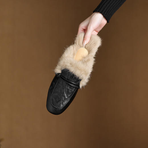 【预售5天】羊皮兔毛毛拖鞋女外穿秋冬英伦复古加绒保暖包头半拖鞋粗跟穆勒鞋NGMZR&7955 商品图3