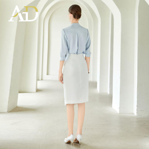 AD立体褶裥蓝色衬衫女士通勤职业装衬衣夏季薄款双面缎仿真丝上衣 商品图4