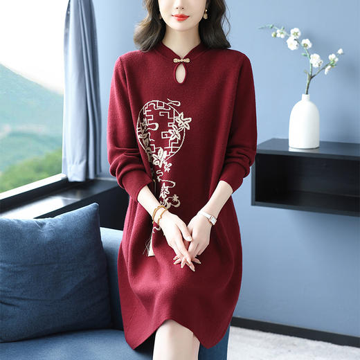 新中式国风女装针织连衣裙，洋气毛衣裙中长款显瘦遮肉裙子CC-16-9619 商品图0