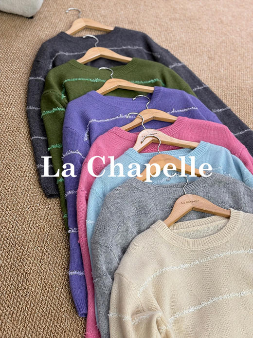 会员福利【山羊绒+羊驼毛】拉夏贝尔/La Chapelle韩系甜美~绵羊毛慵懒条纹宽松圆领针织毛衣 商品图3