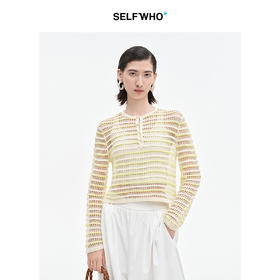 SELFWHO绵羊毛混纺淡黄色镂空针织衫女2025冬季新款宽松透气上衣