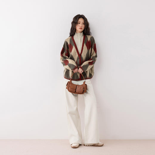 COCO ZONE 冬季慵懒风撞色V领单排扣针织开衫CC2D2888 商品图1