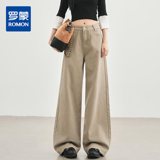 罗蒙秋冬牛仔裤女士美式卡其色高腰直筒百搭宽松显瘦阔腿拖地长裤子 商品图0