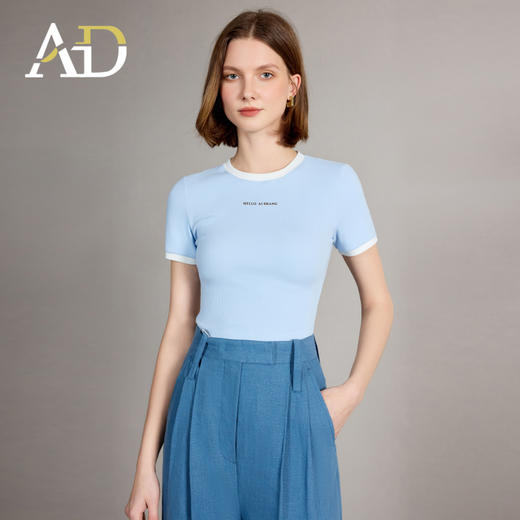 AD修身蓝色短袖女t恤2025新款圆领正肩夏季新款百搭通勤打底衫 商品图1