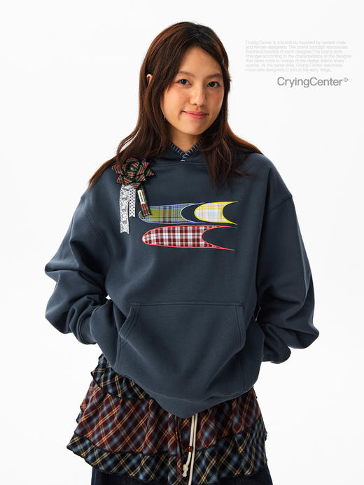 CryingCenter 格纹贴布绣加绒连帽卫衣 配胸花 男女同款 哭喊中心 商品图1