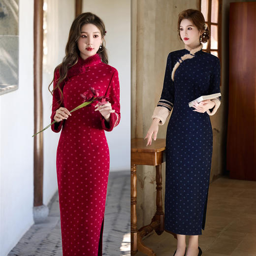 SKY 179407木棉绒长款时尚拼接旗袍时尚改良日常旗袍 商品图3