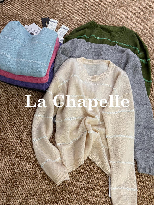 会员福利【山羊绒+羊驼毛】拉夏贝尔/La Chapelle韩系甜美~绵羊毛慵懒条纹宽松圆领针织毛衣 商品图1