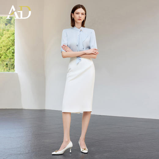 AD蓝色衬衫女夏季薄款轻熟风上衣短袖职场正式场合女士衬衣套装裙 商品图1