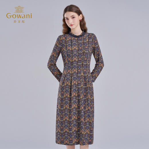 乔万尼2025秋新品高雅深蓝调印花拼接V领连衣裙ED3E320 商品图1