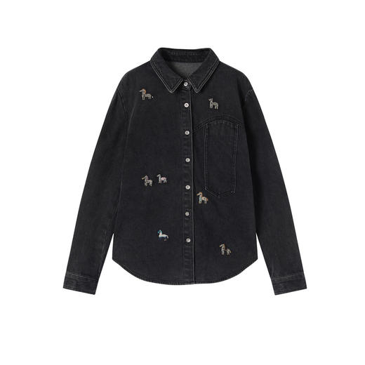 谜底黑色牛仔衬衣长袖2025冬季新品斑马绣花修身衬衫女254MC1719 商品图4