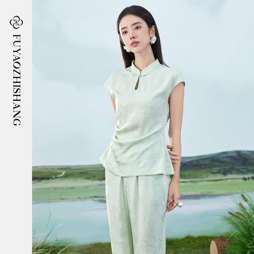 FUYAO扶摇 绿色衬衫阔腿裤两件套女夏季新款盐系轻熟国风茶服套装 商品图1
