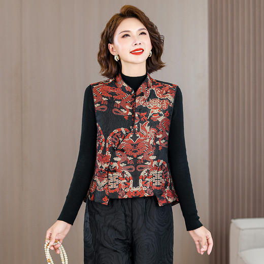 2025秋冬新款新中年妈妈中式国风加厚马夹立领提花夹棉马甲 商品图0