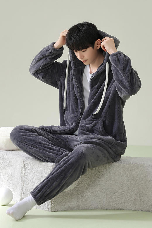 【软绵绵贵妃绒】自然醒「慵懒时光」男士纯色睡衣冬季珊瑚绒韩版连帽秋冬季可外穿家居服JLM 商品图11