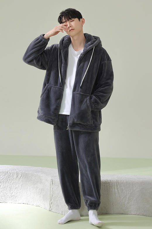 【软绵绵贵妃绒】自然醒「慵懒时光」男士纯色睡衣冬季珊瑚绒韩版连帽秋冬季可外穿家居服JLM 商品图10