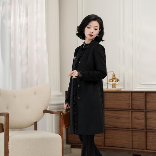 西子/惠灵顿气质羊毛呢拼蕾丝长款黑色大衣/DYBH2287 商品图1