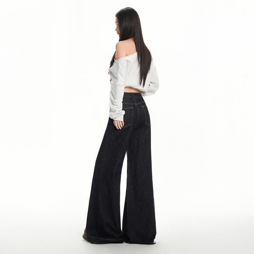 罗蒙秋冬美式复古女士牛仔裤深色高腰喇叭裤宽松显瘦阔腿拖地长裤 商品图7